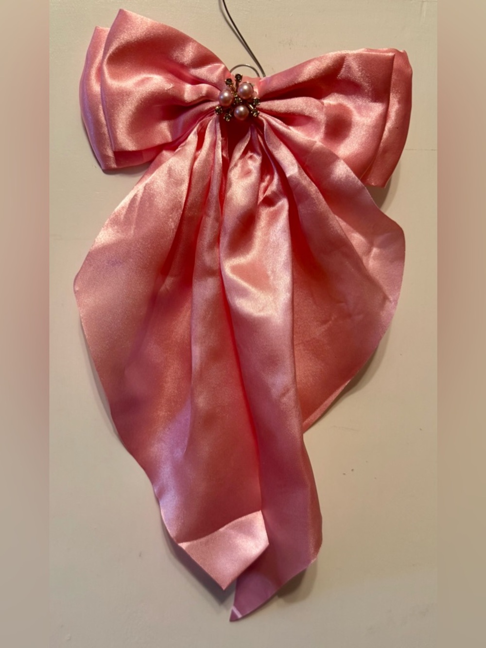 Satin Bow with Long Tails and Faux Pearl Accent Hair Clip